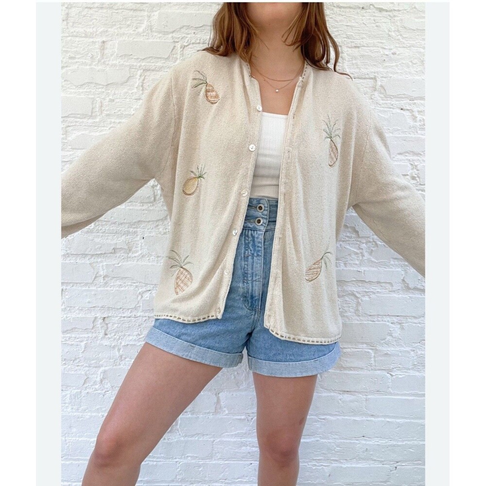 Silk Cotton Blend Cardigan Sweater Womens Large Ivory Pineapple Embroidery
